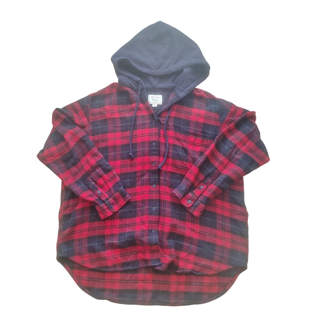 American Eagle Mens Red Navy Plaid Hooded Flannel Shirt Jacket Large L Hooded